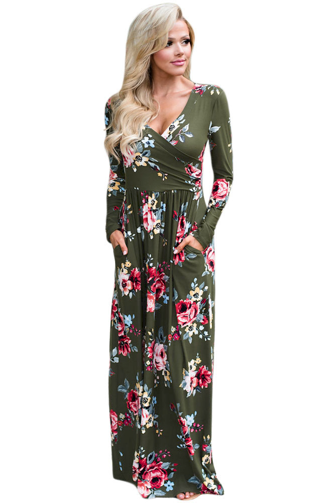 BY61772-9 Olive Floral Surplice Long Sleeve Maxi Boho Dress